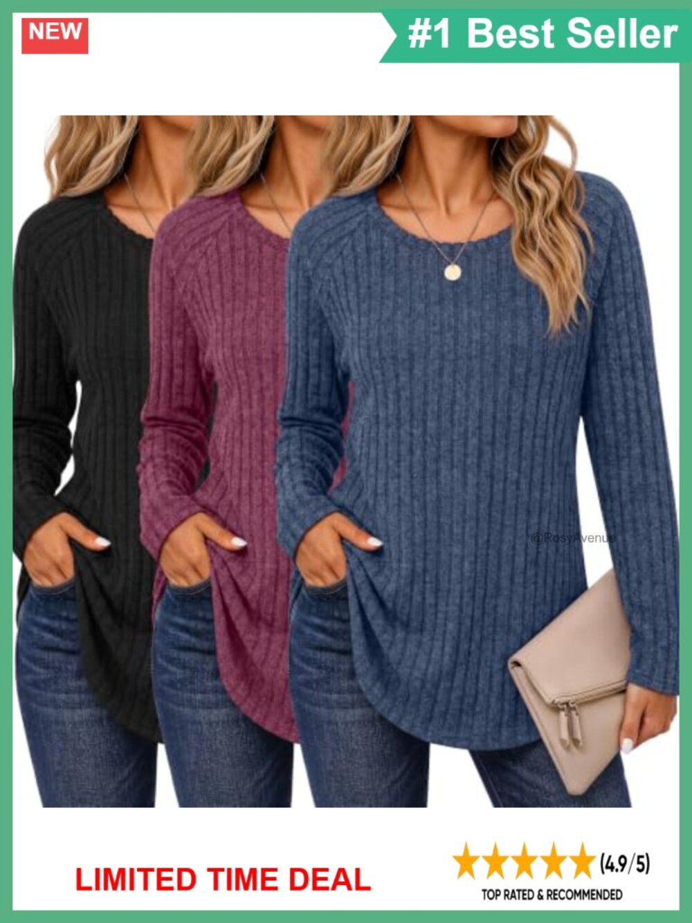 Women's Long Sleeve Tunic Sweaters 3 Pack Crew Neck Pullover Fall Winter